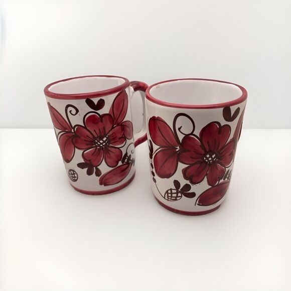 Italian Red Flowers Coffee Mugs Hand Painted Ceramic Floral White Set Of Two - Picture 1 of 10